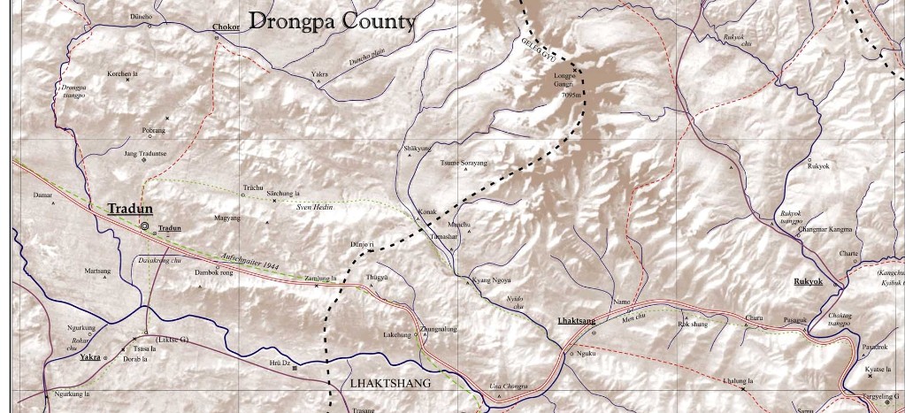 Tradun (auf der Karte klein gedruckt) an der Verbindungsstraße zwischen Tsang und Ngari